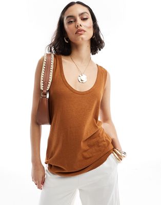 ASOS DESIGN linen blend scoop neck tank top in terracotta-Orange