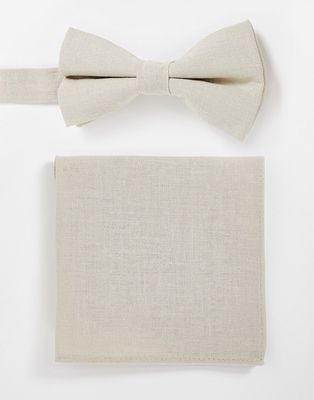 ASOS DESIGN linen bow tie and pocket square in stone-Neutral