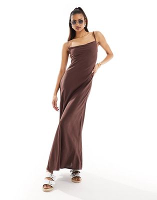 ASOS DESIGN linen cowl detail maxi slip sundress with draped back detail in chocolate-Brown