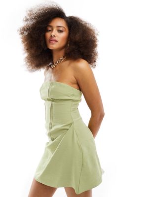 ASOS DESIGN linen look bandeau mini dress with pintuck detail in sage-Neutral