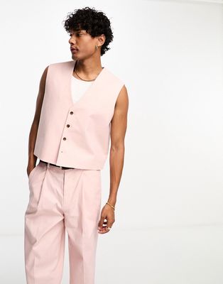 ASOS DESIGN linen mix cropped suit vest in pink