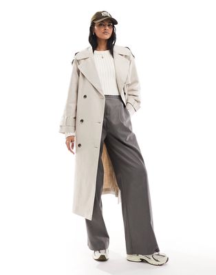 ASOS DESIGN linen mix trench coat in stone-Neutral