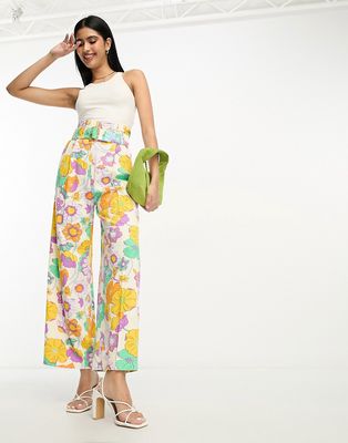 ASOS DESIGN linen oversized floral printed paperbag waist wide leg pants in multi
