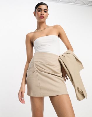 ASOS DESIGN linen ruched skirt in stone-Neutral