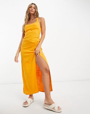 ASOS DESIGN linen scoop halter maxi sundress with knot detail in mango-Orange