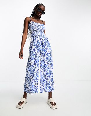 ASOS DESIGN linen shirred bodice belt jumpsuit in porcelain print-Multi
