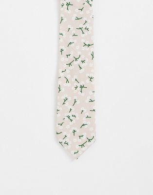 ASOS DESIGN linen slim tie with ditsy floral design in pale pink