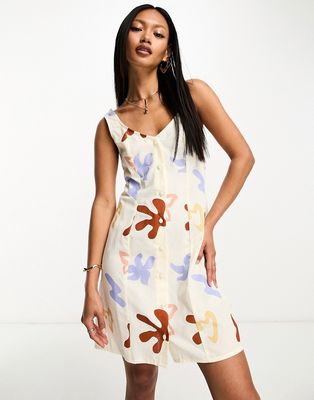 ASOS DESIGN linen sweetheart mini dress with button detail in abstract print-Multi