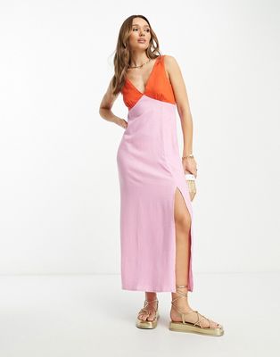 ASOS DESIGN linen v neck maxi slip sundress in pink and red colorblock-Multi