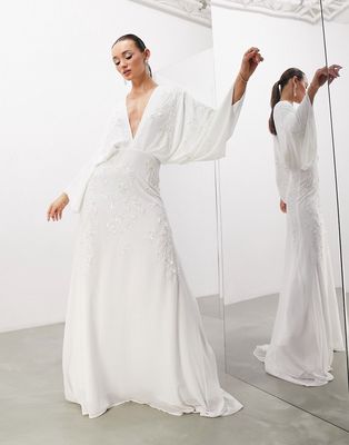 ASOS DESIGN Lisa drape sleeve plunge wedding dress with floral embellishment in ivory-White