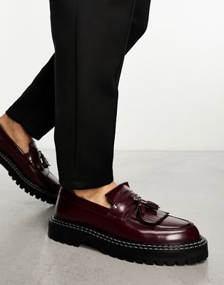 ASOS DESIGN loafers in burgundy leather with chunky sole and contrast stitch-Red