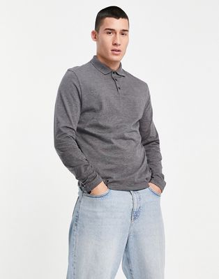 ASOS DESIGN long sleeve jersey polo in charcoal heather - CHARCOAL-Gray