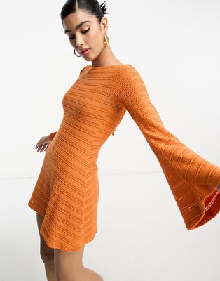 ASOS DESIGN long sleeve mini crochet dress with flare cuff in orange