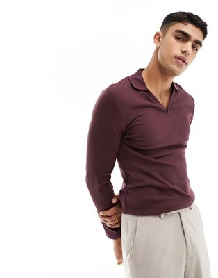 ASOS DESIGN long sleeve muscle fit ribbed camp collar polo in burgundy-Red