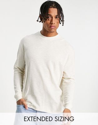 ASOS DESIGN long sleeve relaxed linen look t-shirt in beige-Neutral