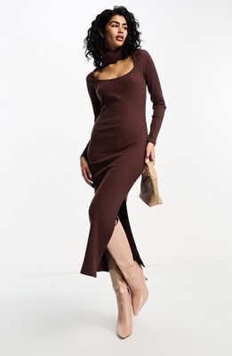 ASOS DESIGN Long Sleeve Ribbed Midi Sweater Dress in Brown
