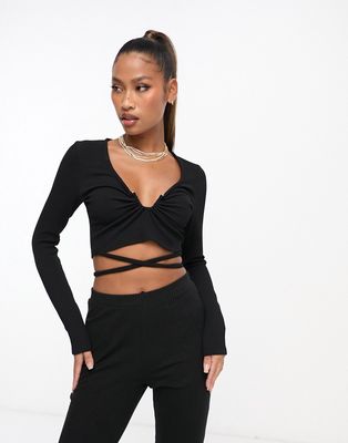 ASOS DESIGN long sleeve ripple ribbed metal trim tie waist crop top in black