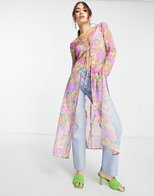 ASOS DESIGN long sleeve sheer tie front maxi kimono in pink & bright print-Multi