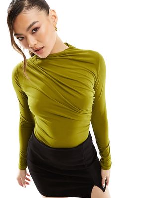 ASOS DESIGN long sleeve slinky draped bodysuit in green