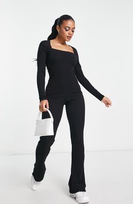 ASOS DESIGN Long Sleeve Square Neck Rib Jumpsuit in Black