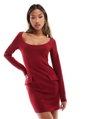 ASOS DESIGN long sleeve super scoop neck mini dress with pockets in burgundy-Black
