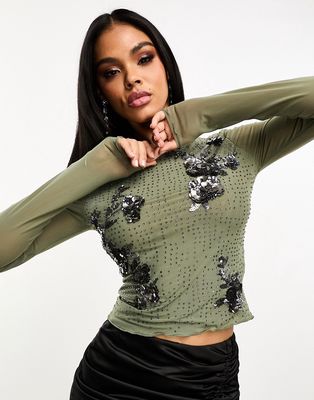 ASOS DESIGN long sleeve top with hotfix and 3D embellishment in dark green