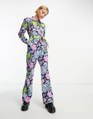 ASOS DESIGN long sleeve twill boilersuit with collar in retro floral-Multi