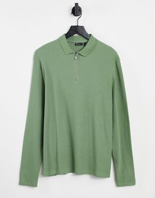 ASOS DESIGN long sleeve waffle polo with quarter zip detail in green