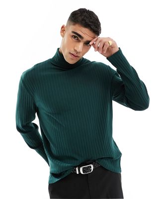 ASOS DESIGN long sleeved ribbed T-shirt with turtle neck in dark green