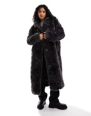 ASOS DESIGN longline curly faux sheepskin coat in charcoal-Gray