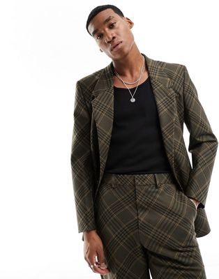 ASOS DESIGN longline slim suit jacket in bias check in gray-Brown