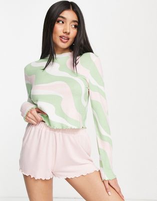 ASOS DESIGN lounge mix & match super soft swirl long sleeve top with lettuce hem in multi