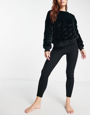 ASOS DESIGN lounge yeti faux fur sweatshirt & brushed ribbed legging set in black-Gray