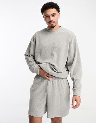 ASOS DESIGN loungewear set with long sleeve top and shorts in gray grid velour texture