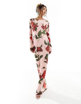 ASOS DESIGN low back floral mesh maxi dress with angel sleeves in rose print-Multi