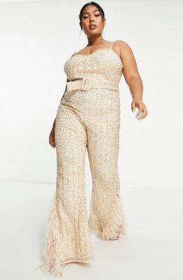 ASOS DESIGN LUXE Curve Sequin Faux Feather Belted Jumpsuit in Nude