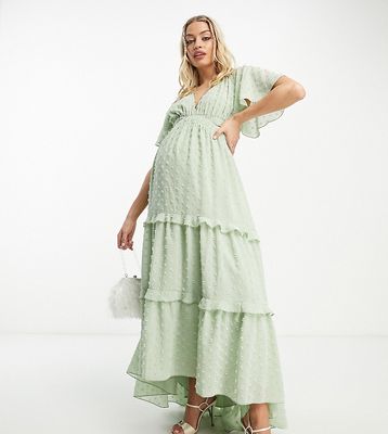 ASOS DESIGN Maternity angel sleeve plunge textured tiered maxi dress with cut out and rouleux detail in sage-Green