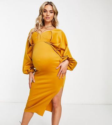 ASOS DESIGN Maternity batwing sweetheart neck bodycon midi dress in mustard-Yellow