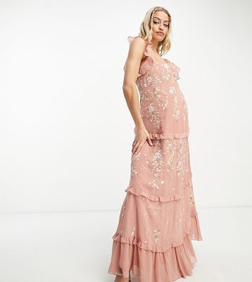 ASOS DESIGN Maternity Bridesmaid cami embellished maxi dress with embroidery in rose-Pink