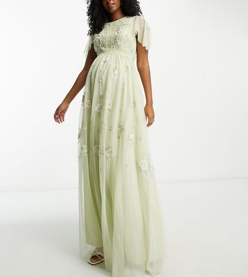 ASOS DESIGN Maternity Bridesmaid pearl embellished flutter sleeve maxi dress with floral embroidery in sage-Green