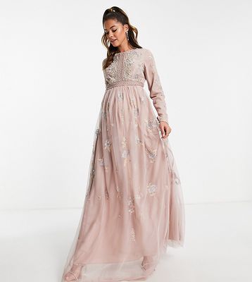 ASOS DESIGN Maternity Bridesmaid pearl embellished long sleeve maxi dress with floral embroidery in rose-Pink