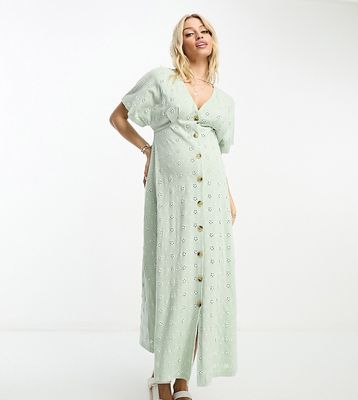 ASOS DESIGN Maternity broderie v neck midi dress with buttons in sage and cream contrast-Green