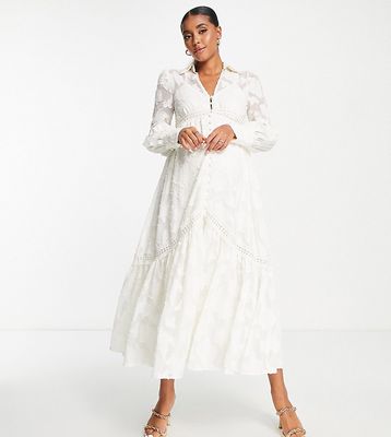 ASOS DESIGN Maternity button through midi shirt dress with lace inserts in burnout in cream-White