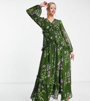 ASOS DESIGN Maternity button through pintuck maxi dress in green floral print-Multi