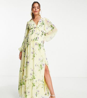ASOS DESIGN Maternity button up pintuck maxi dress in yellow floral print-Multi