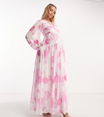 ASOS DESIGN Maternity button up pintuck maxi dress with lace inserts in large pink floral print-Multi
