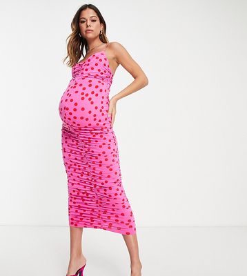 ASOS DESIGN Maternity cami strappy midi dress with ruched detail in spot print-Multi
