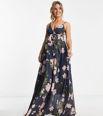 ASOS DESIGN Maternity cami wrap maxi dress with lace up back in navy floral-Multi