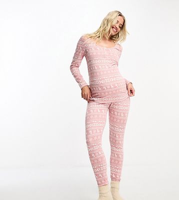 ASOS DESIGN Maternity Christmas fairisle glam long sleeve top & legging pajama set in pink