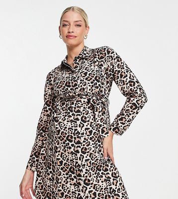 ASOS DESIGN Maternity cotton mini shirt dress with tie belt in animal print-Multi